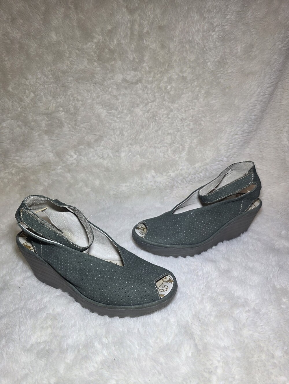 Fly London Yala Petrol Teal Suede Cutout Wedge Sandals Ankle Strap EU: 40 / US 9
